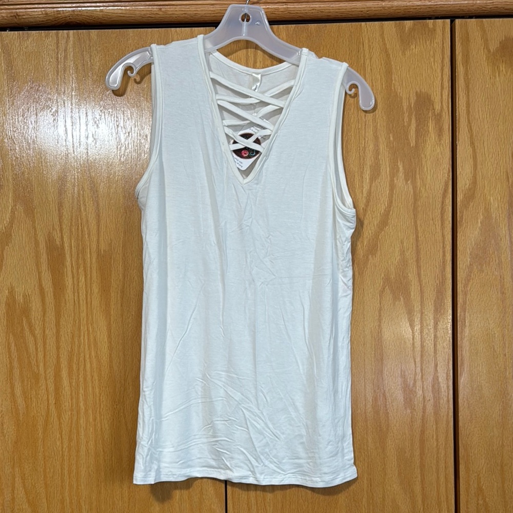 White Sleeveless Top with Crisscross Detail